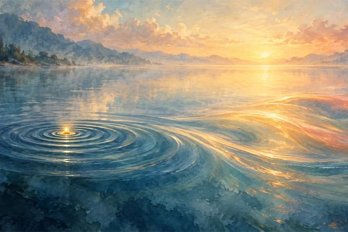 Artistic landscape showing a lake at sunrise with swirling water, mountain silhouettes, and cloud formations.