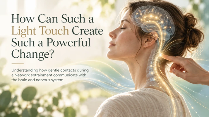 Illustration of a gentle spinal touch with a highlighted brain and nervous system pathway, promoting Network Spinal care.